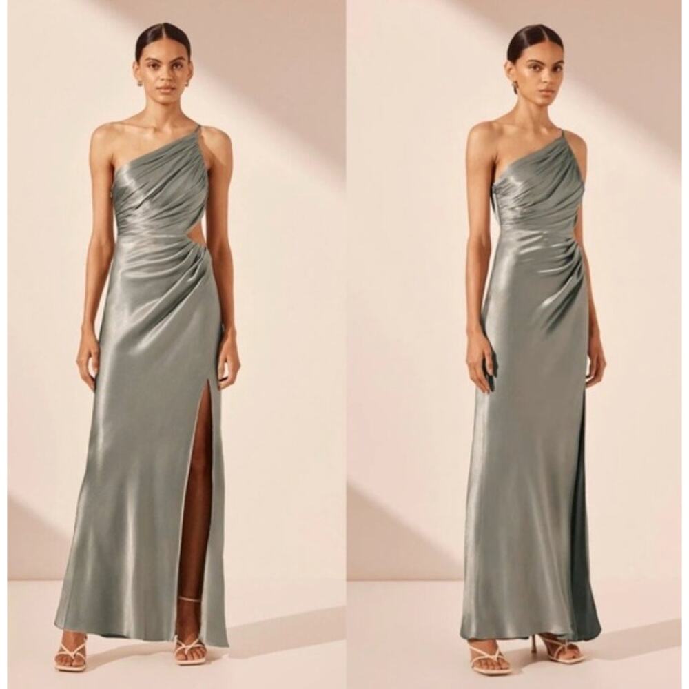 Shona Joy La Lune Asymmetrical Gathered Maxi Dress in Sage Green 6